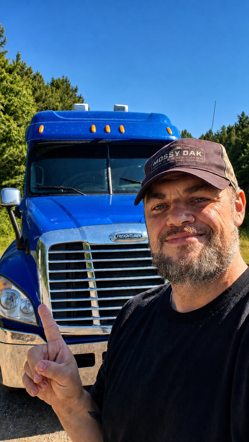 Shawn with the school's blue Freightliner training truck