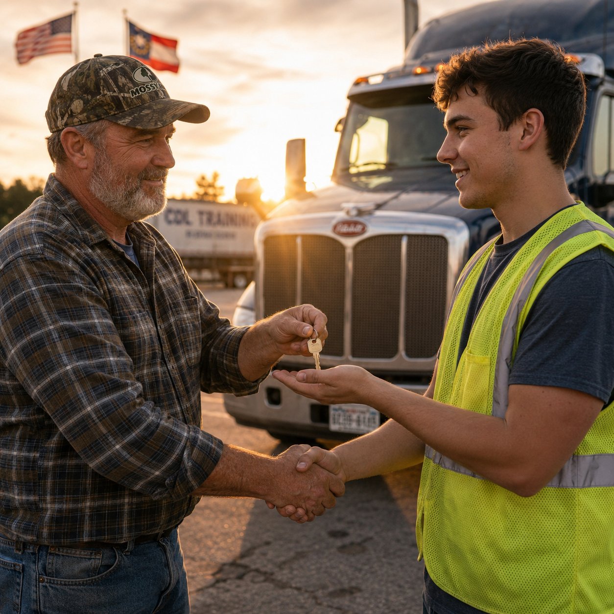 Older trucker handing keys to a young CDL student at sunset